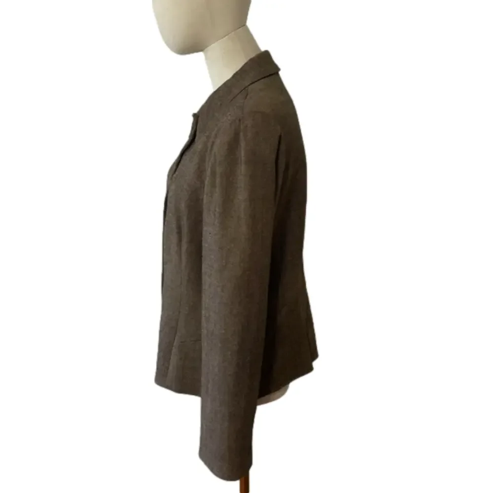 90s MINIMALIST TAN & BLACK WOVEN WOOL BLEND LINED CROPPED BLAZER CARLSON 10P - Picture 4 of 13